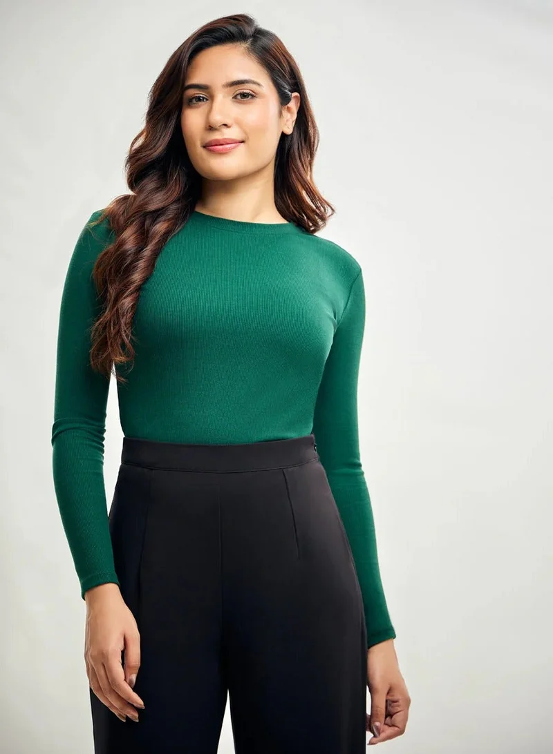 زجزاج بلوزة مضلعة بأكمام طويلة ورقبة دائرية - أخضر داكن